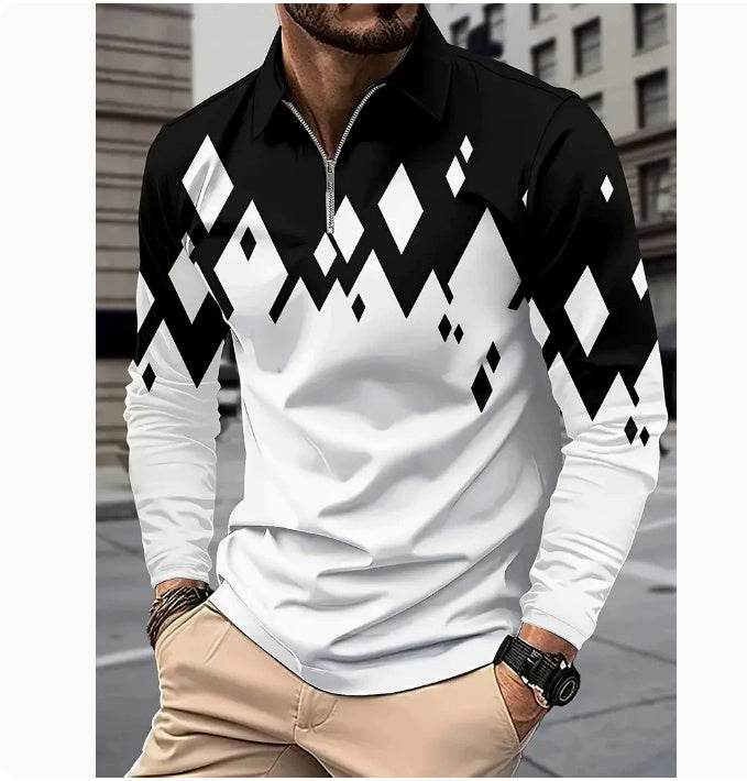 Men's Long Sleeve Color Matching Polo Shirt with Zipper - Casual Fashion - Buy Center US