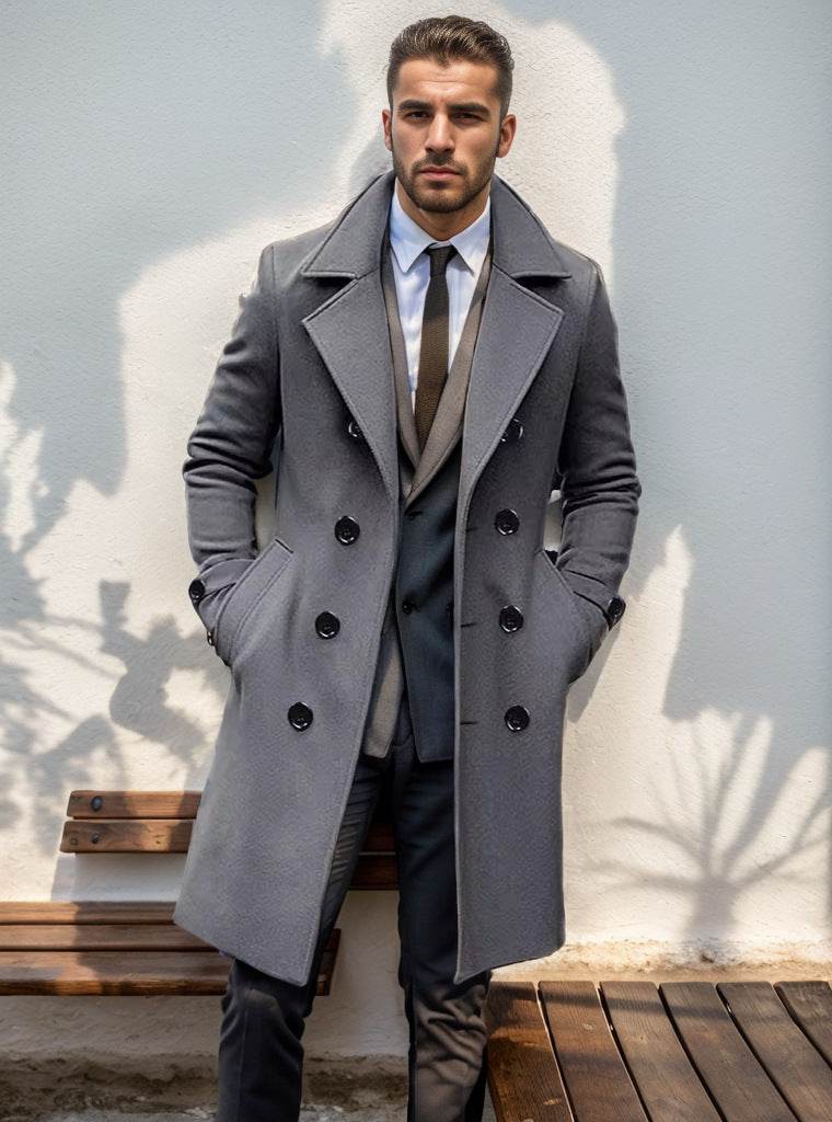 Buycenter Men's Slim-fit Woolen Coat - Double-Breasted Mid-Length Style - Buy Center US