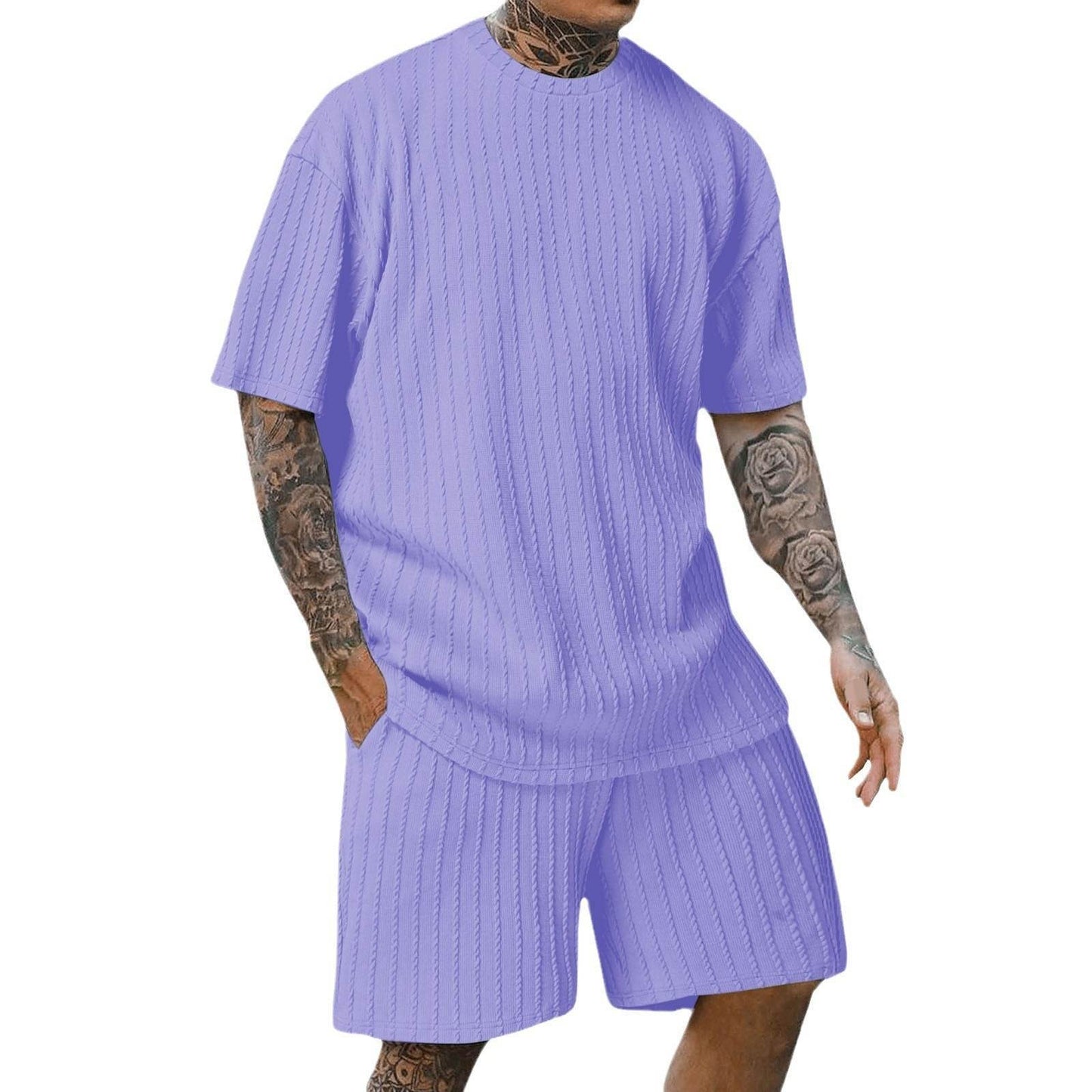 Buycenter Men's Sports Two-Piece Set - Solid Color Round Neck Shorts - Buy Center US