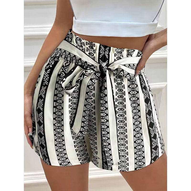 Printed Casual Shorts for Women - High Waist Commuter Style, Belted Design - Buy Center US