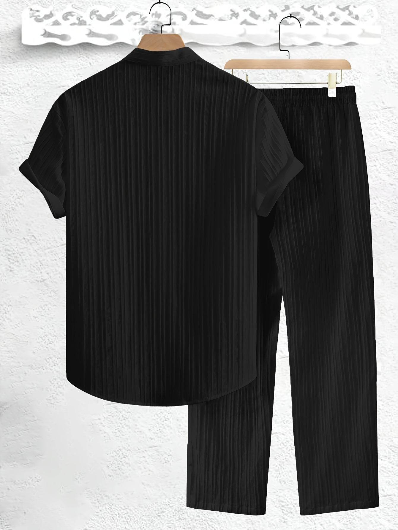 Men's Casual Summer Co-ord Set - Short Sleeve Shirt & Pants, Solid Color - Buy Center US