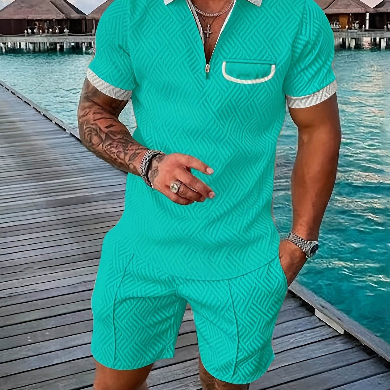 Men's Casual Knee-Length Kurta and Shorts Set - Breathable Polyester, Stylish - Buy Center US