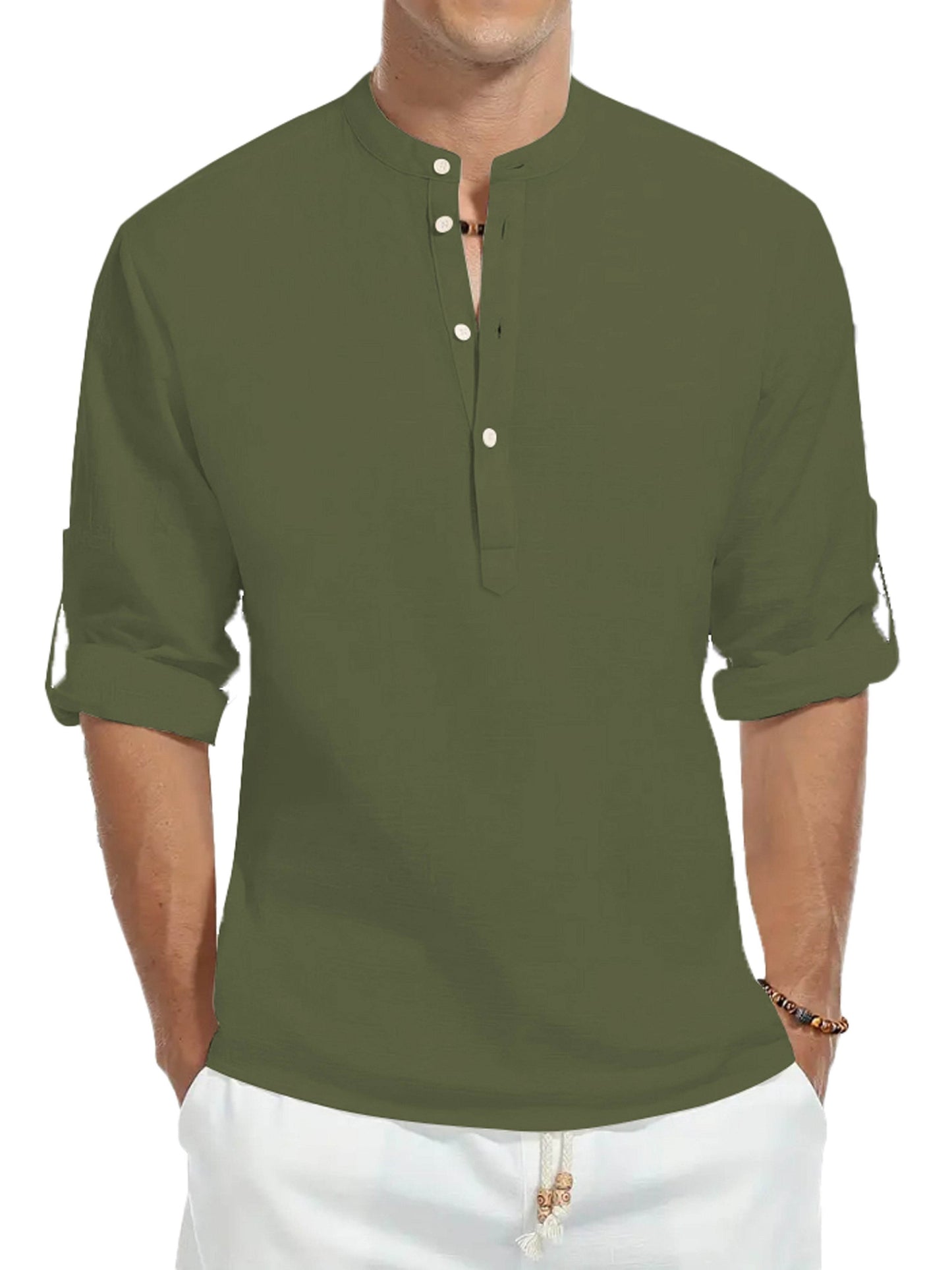 Men's 100% Cotton Long Sleeve Shirt - Casual Solid Color Stand Collar - Buy Center US