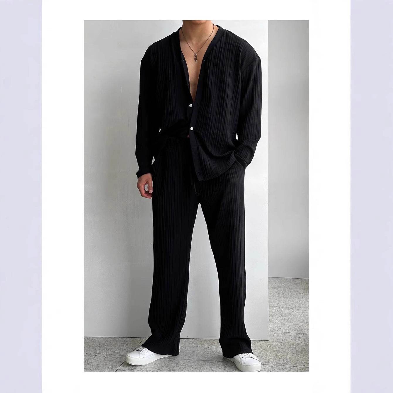 Buycenter Men's Casual Button Shirt & Trousers Suit - Long Sleeve Elegance - Buy Center US