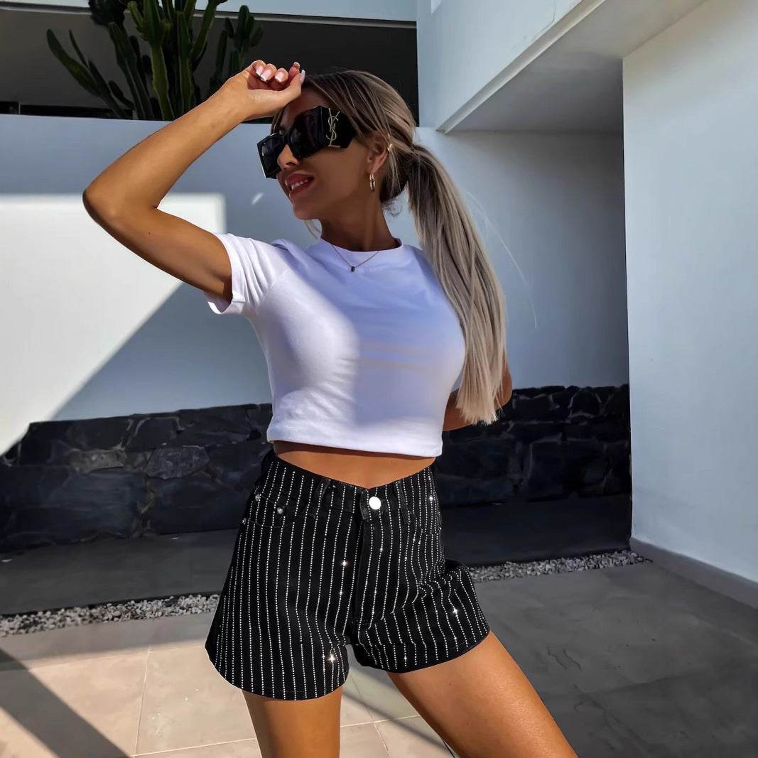 Rhinestone Women's Straight Denim Shorts - Stylish Black & Blue Options - Buy Center US