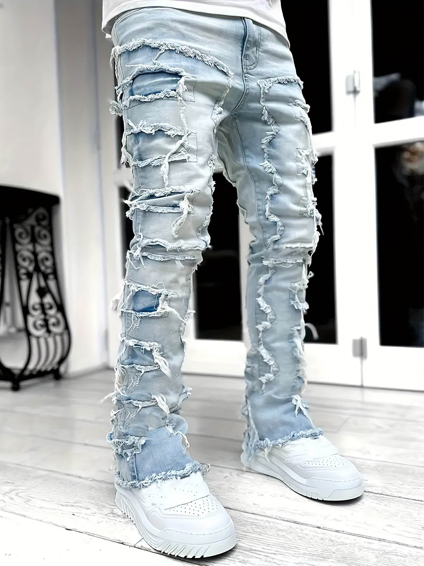 Y2K Hip Hop Style Men's Raw Trim Jeans - Slim Fit Stretch Denim - Buy Center US