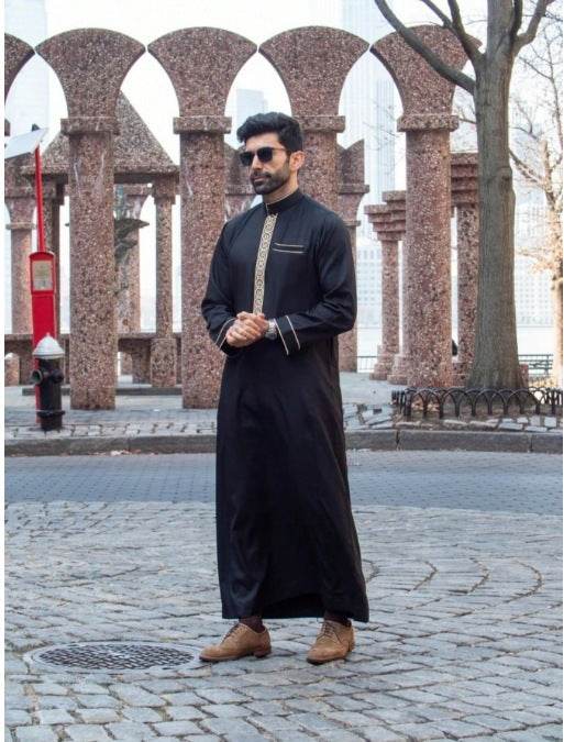 Buycenter Men's Long Sleeve Casual Ethnic Robe - Embroidered Plaid Design - Buy Center US