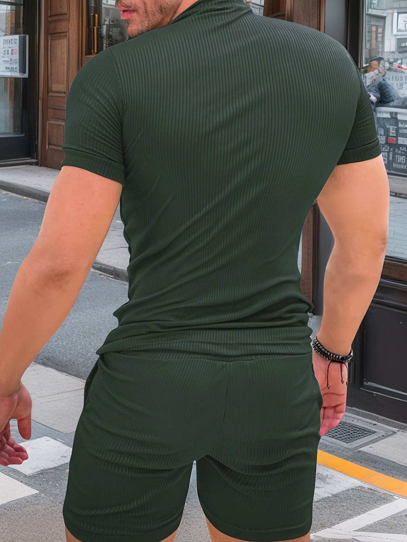 Men's Casual Two-Piece Set - Solid Color Short Sleeve Top & Drawstring Shorts - Buy Center US
