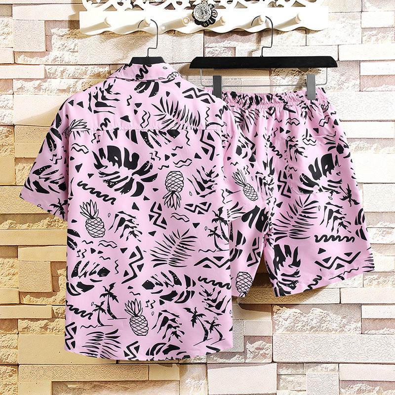 Buycenter Men's Hawaiian Beach Shirt Suit - Casual Pink Print Set - Buy Center US