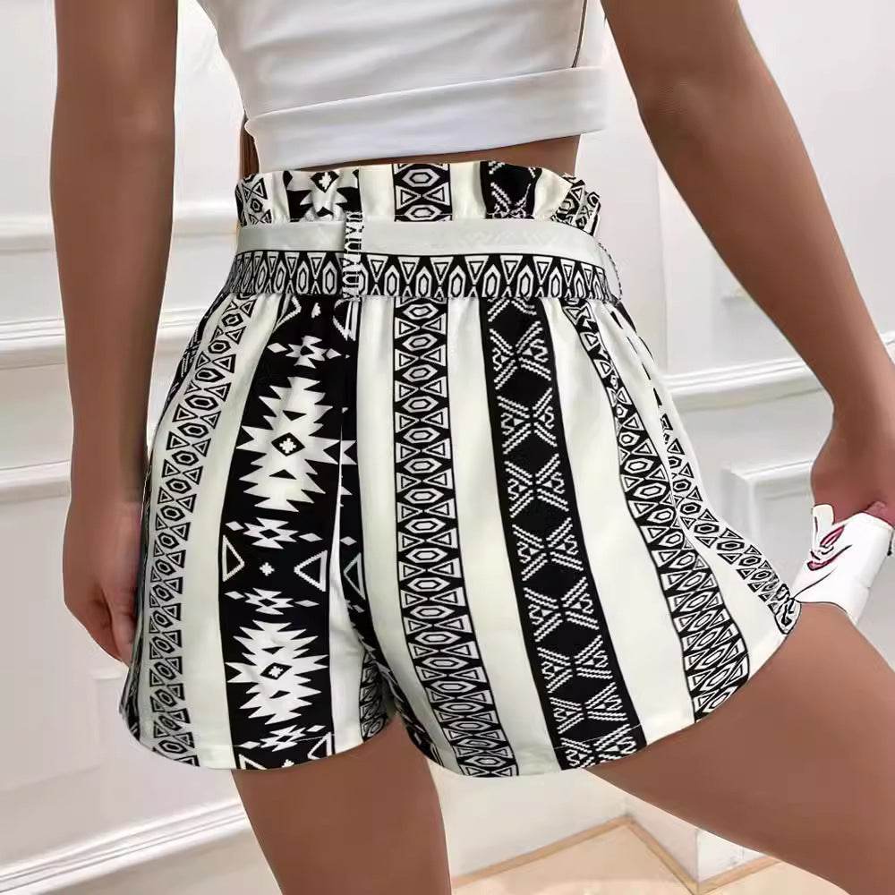 Printed Casual Shorts for Women - High Waist Commuter Style, Belted Design - Buy Center US