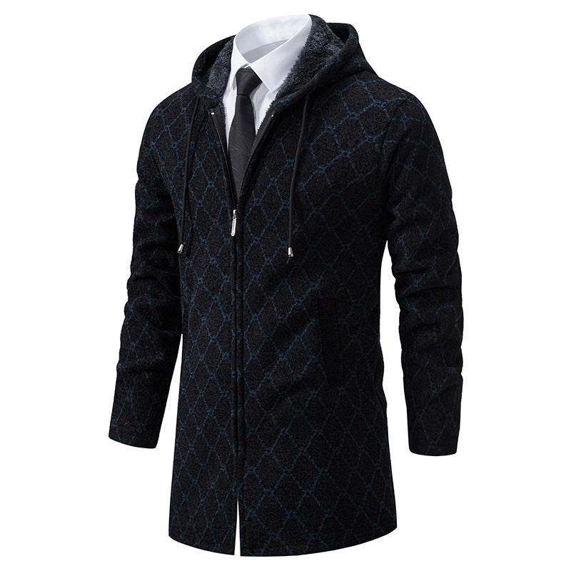 Buycenter Men's Casual Hooded Coat - Mid-Length Plaid Sweater Jacket - Buy Center US