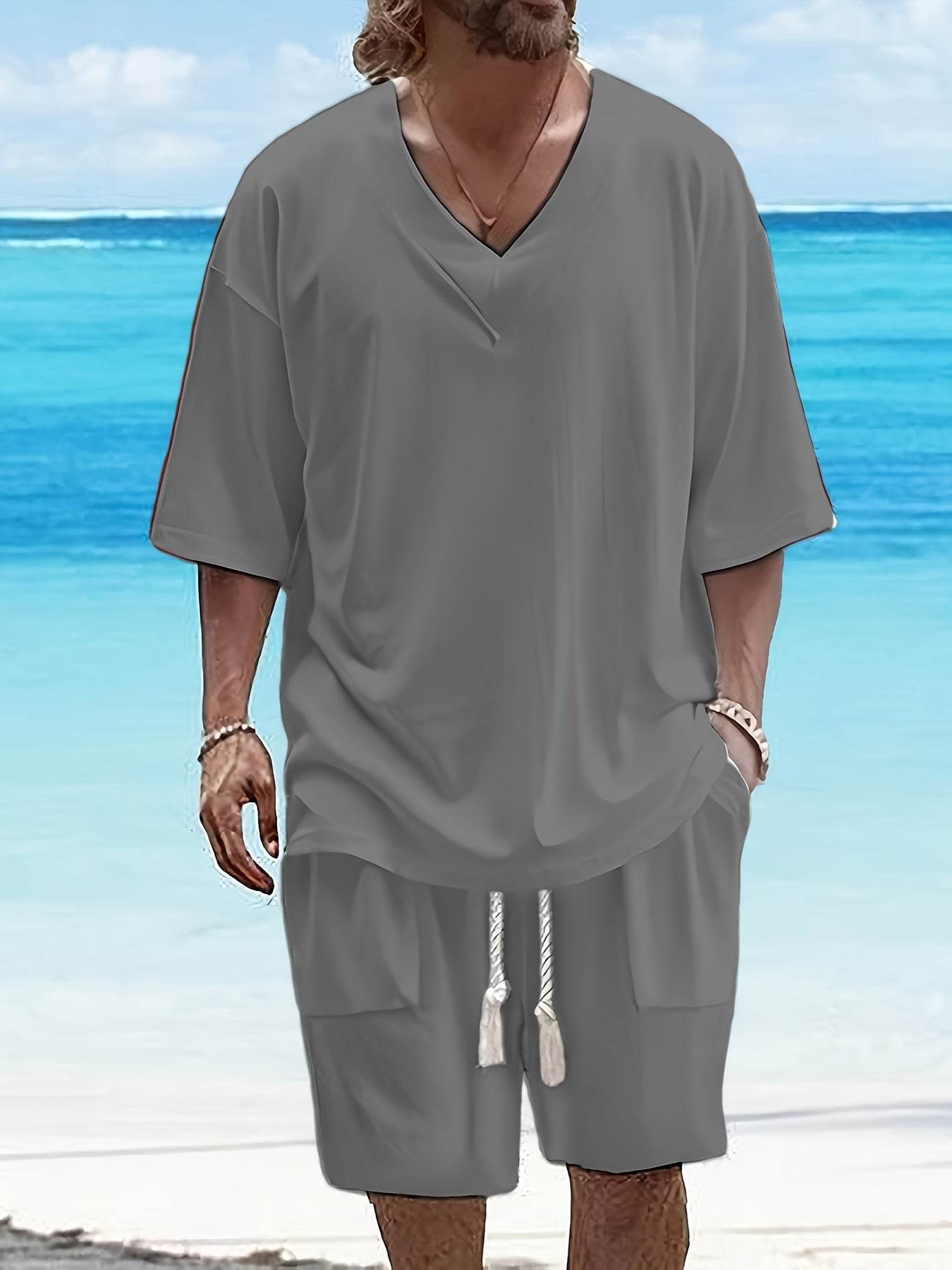 Summer Men's Casual V-Neck T-Shirt & Shorts Set - Trendy Polyester Outfit - Buy Center US