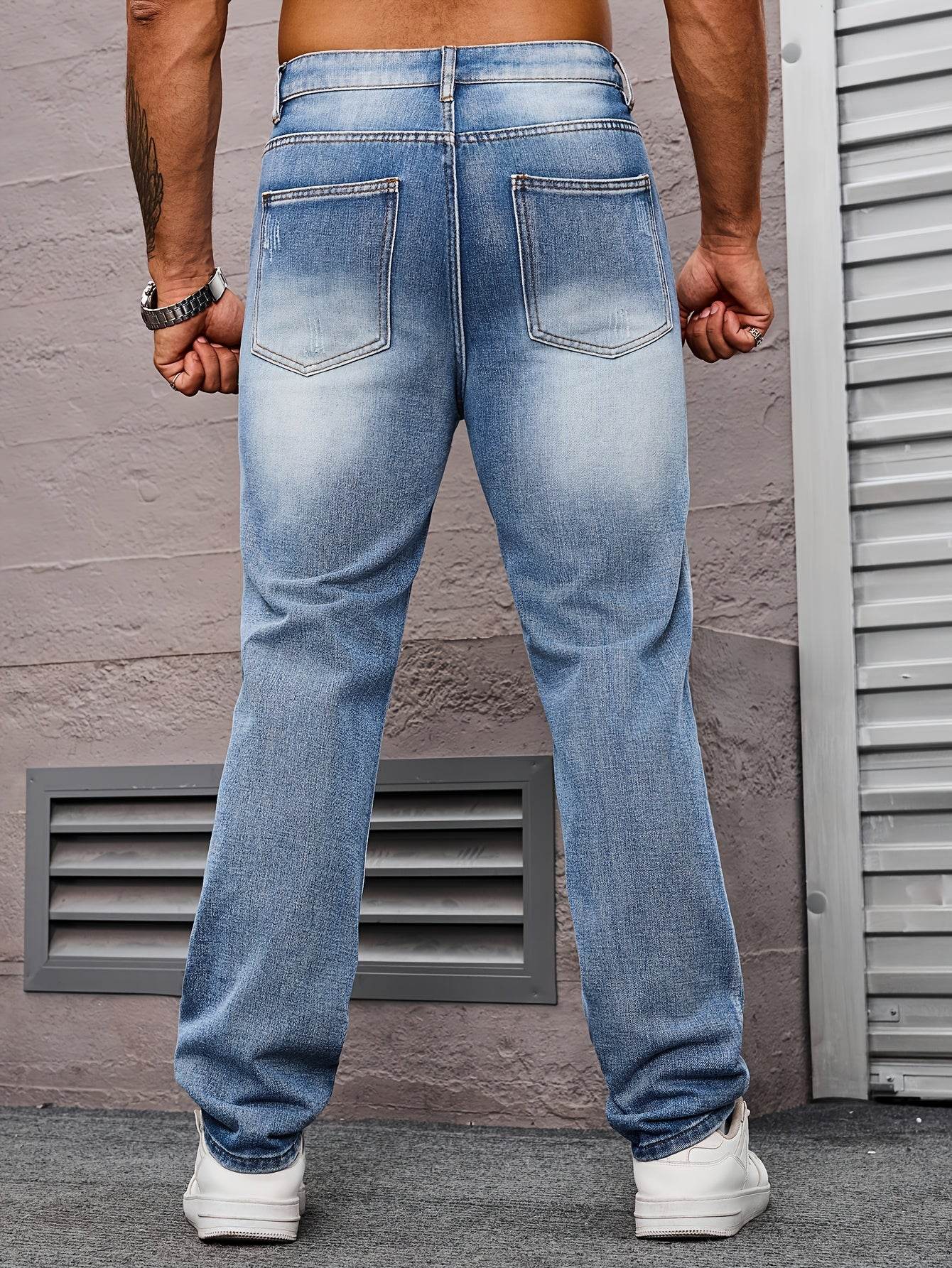 Men's Light Blue Ripped Jeans - Casual Straight Leg Distressed Denim - Buy Center US