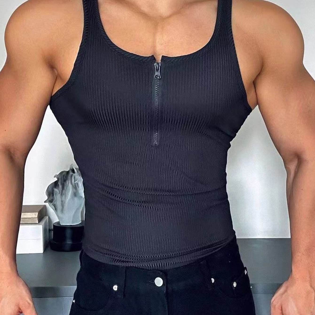 Men's Ribbed Zip-Up Tank Top - Breathable Activewear for Gym & Running - Buy Center US