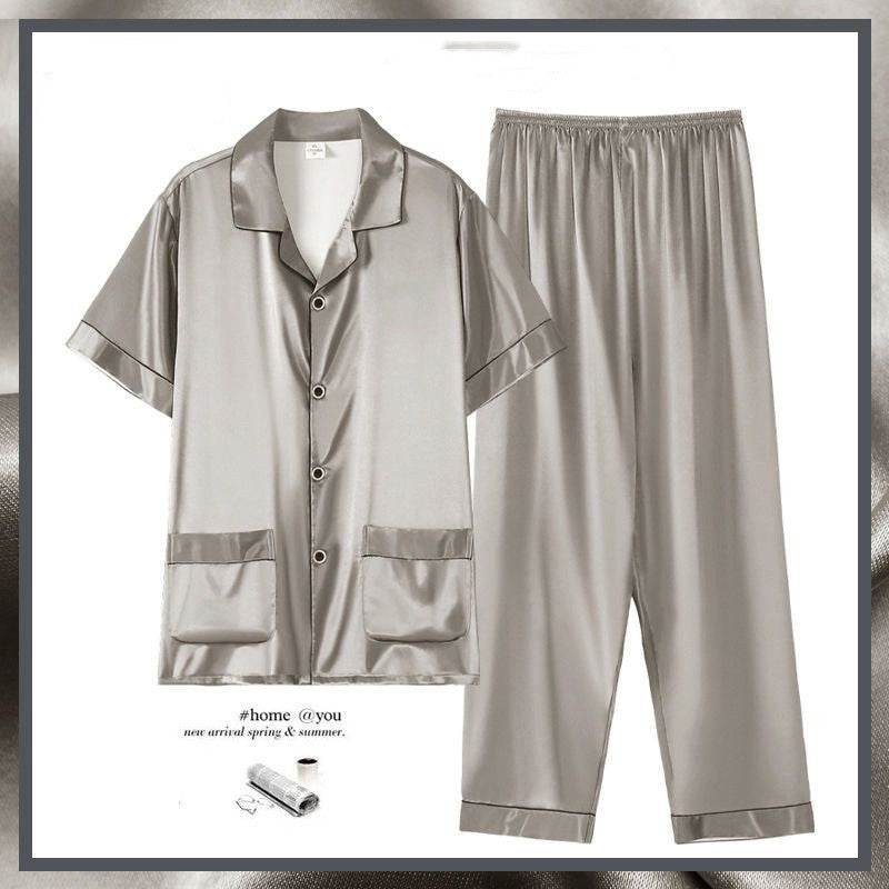 Buycenter Men's Summer Short Sleeve Trousers Suit - Thin Ice Silk Homewear - Buy Center US