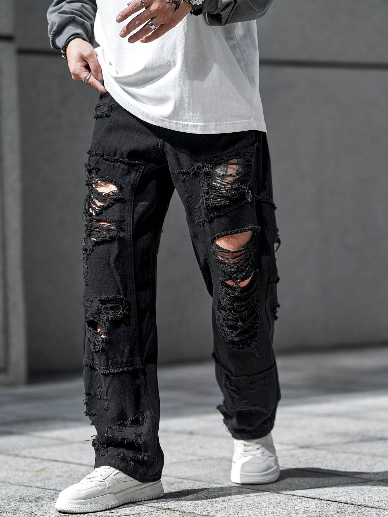 Urban Chic Men's Ripped Jeans - Loose Fit Wide Leg Design for Casual Wear - Buy Center US