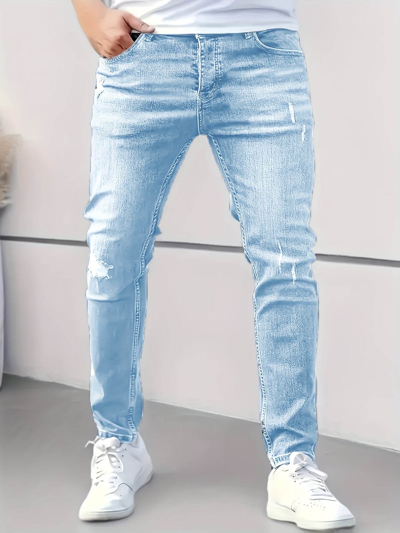 Men's Fashionable Skinny Jeans - Medium Stretch, Raw Wash, All-Season Fit - Buy Center US