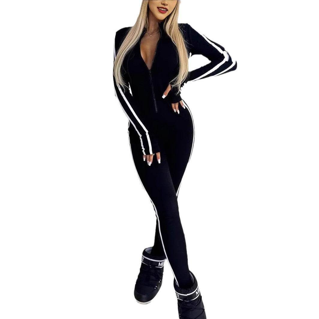 Stylish Women's Slim Striped Jumpsuit - Half Zipper, Autumn Winter Fashion - Buy Center US