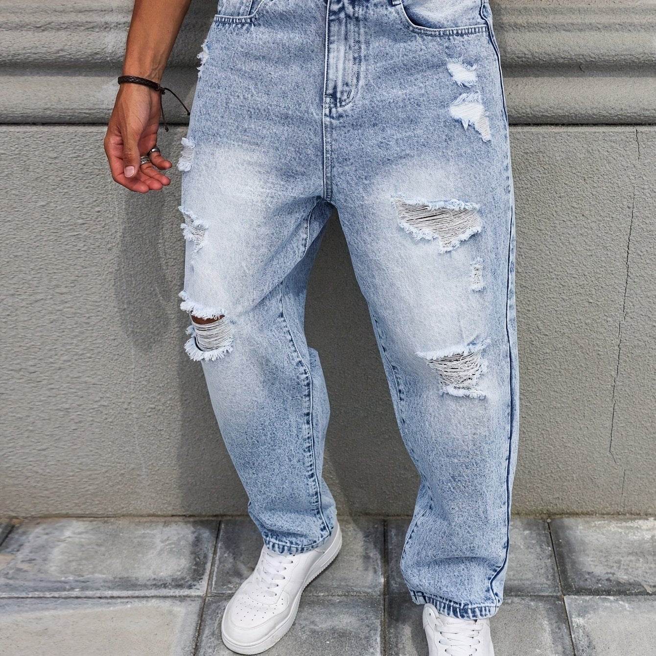 Men's Distressed Blue Denim Harem Pants - Loose Fit, Casual All-Season Wear - Buy Center US