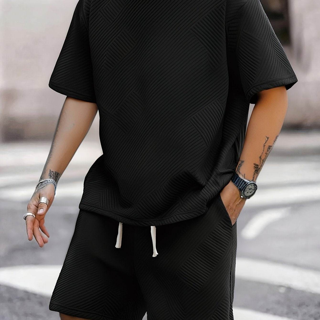 Trendy Summer Loose Men's Casual T-Shirt Set - Round Neck, Solid Color - Buy Center US