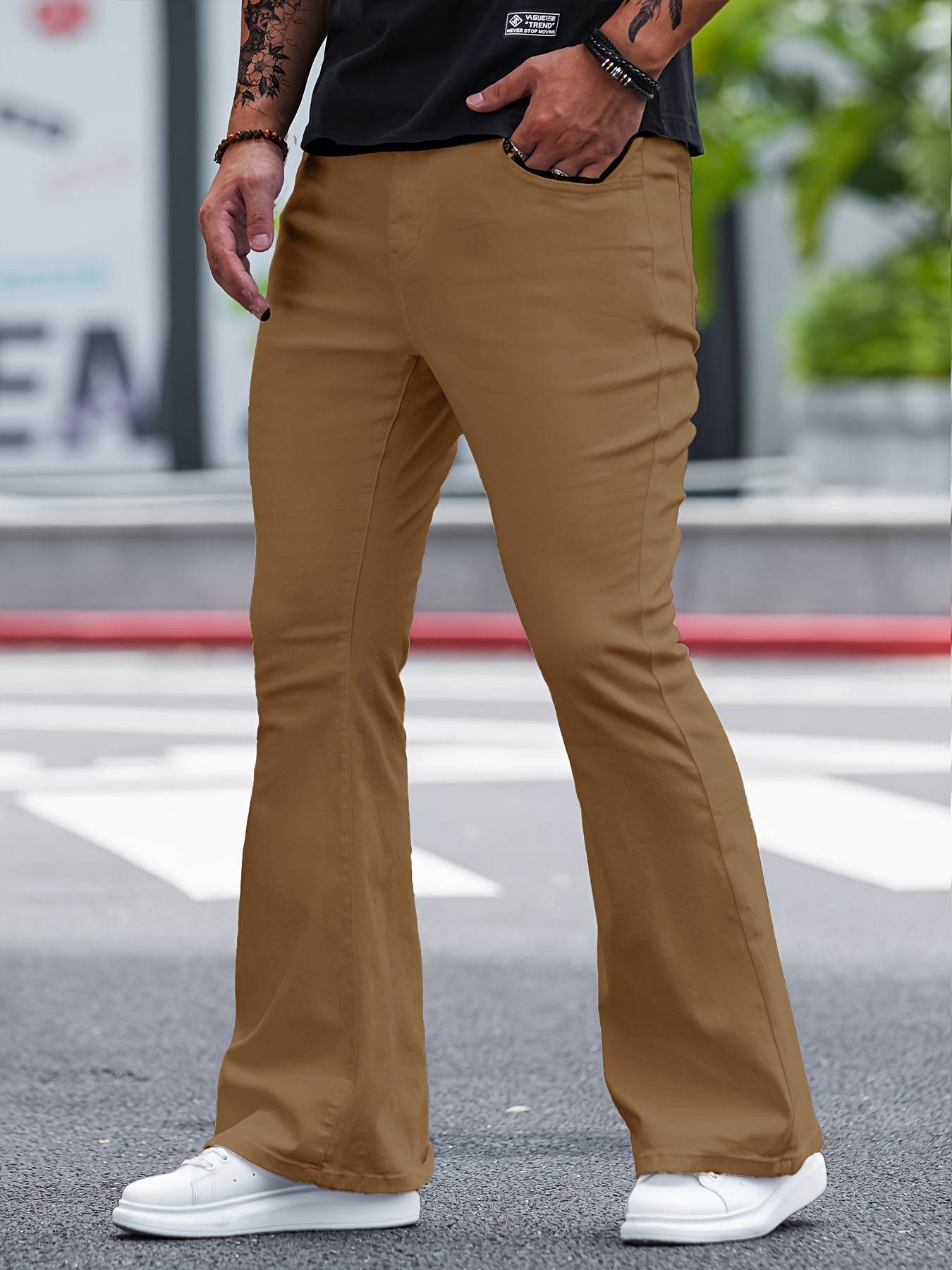 Men's Solid Denim Flare Pants - Casual Slim-fit Jeans with Pockets - Buy Center US