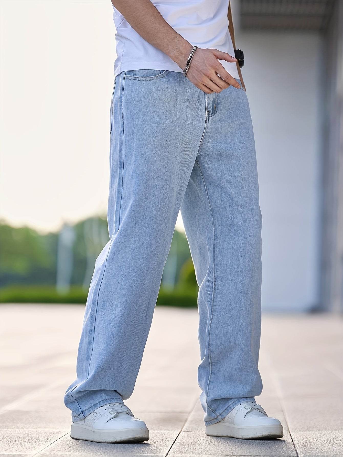 Men's Loose Fit Straight Leg Jeans - Washed Blue, All-Season Comfort - Buy Center US