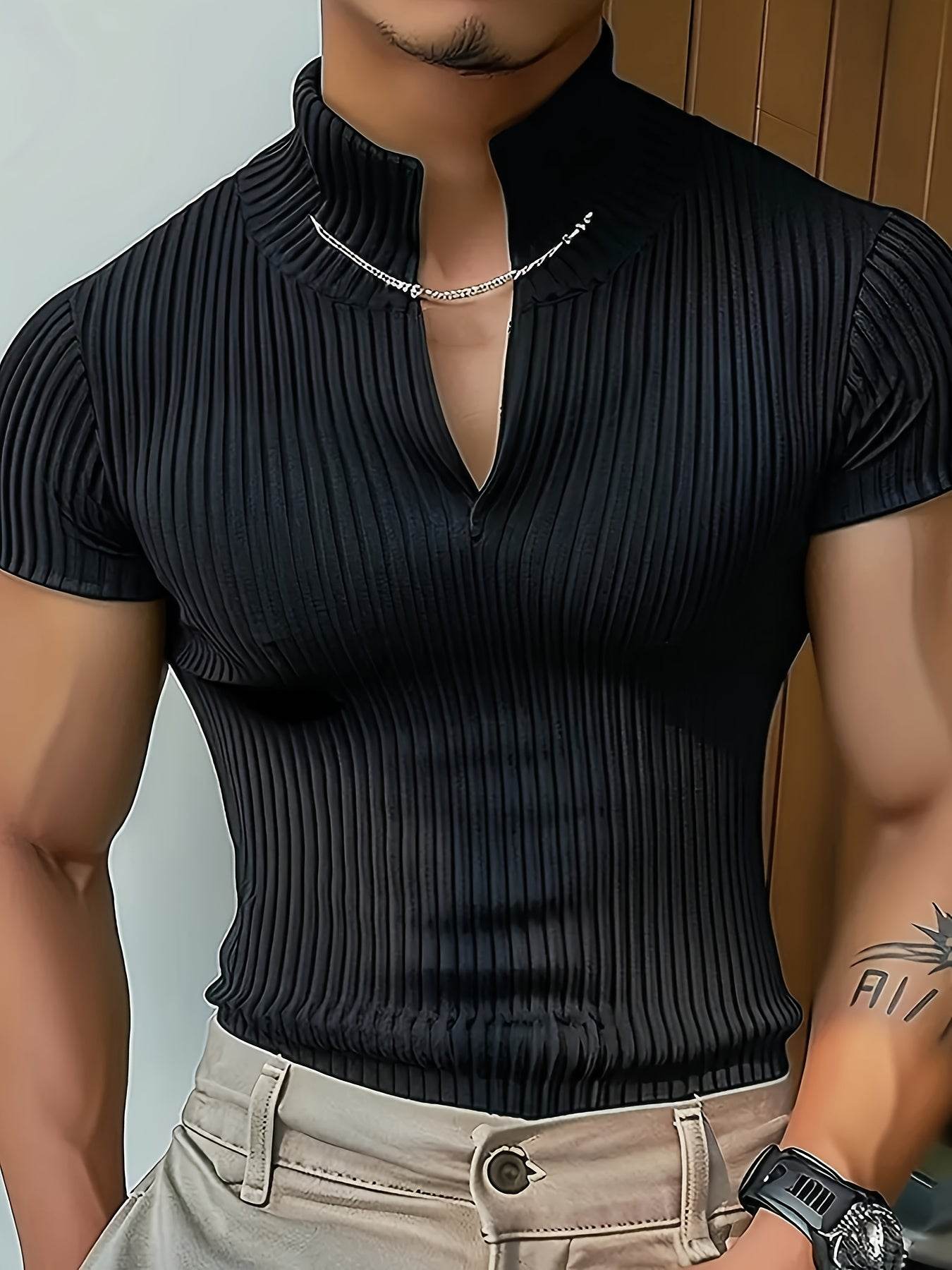 Men's Red V-Neck Striped Athletic Shirt - Slim Fit Short Sleeve Top - Buy Center US