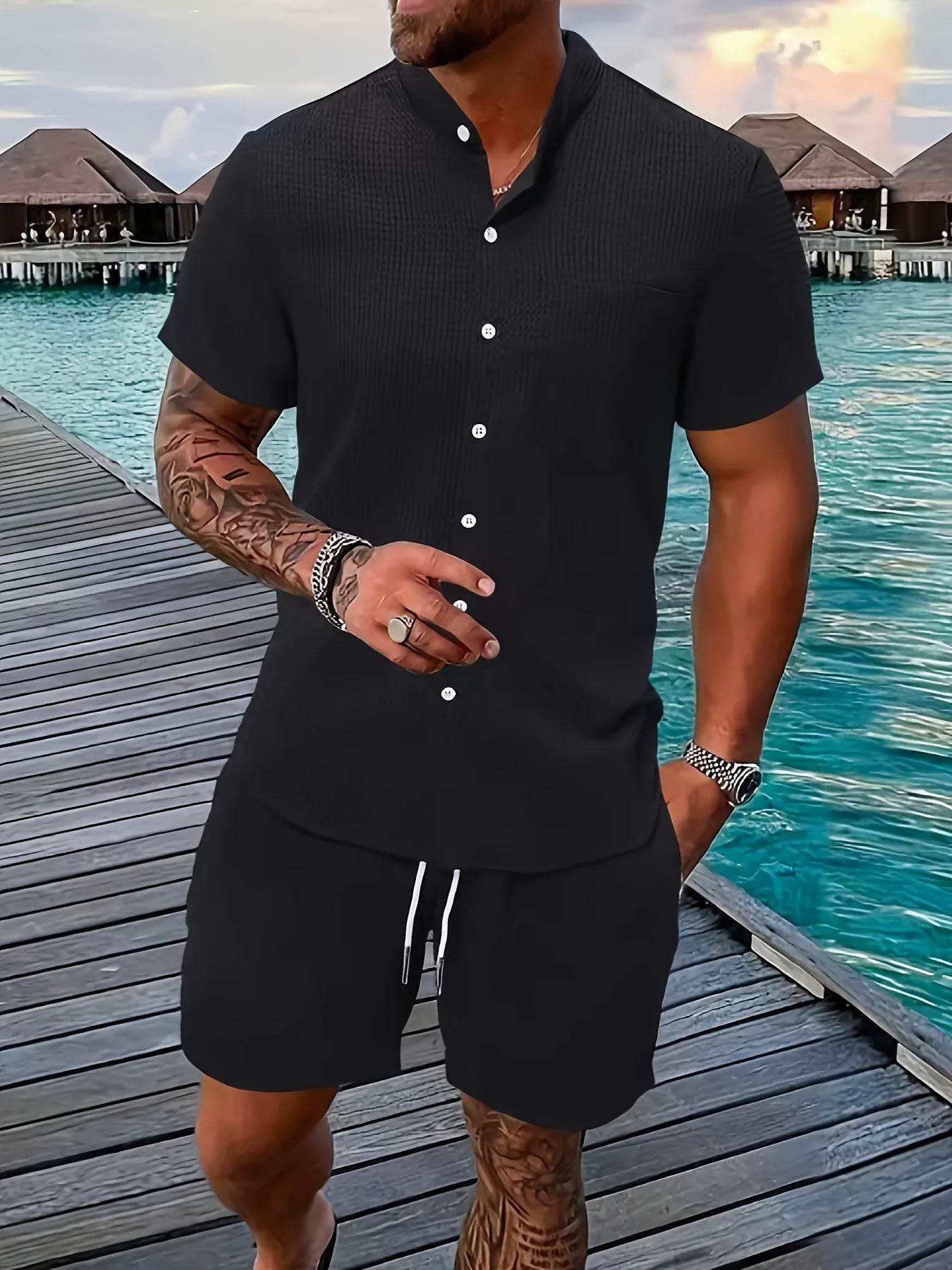 Men's Solid Color Jacquard Shirt & Drawstring Shorts Set - Casual Style - Buy Center US