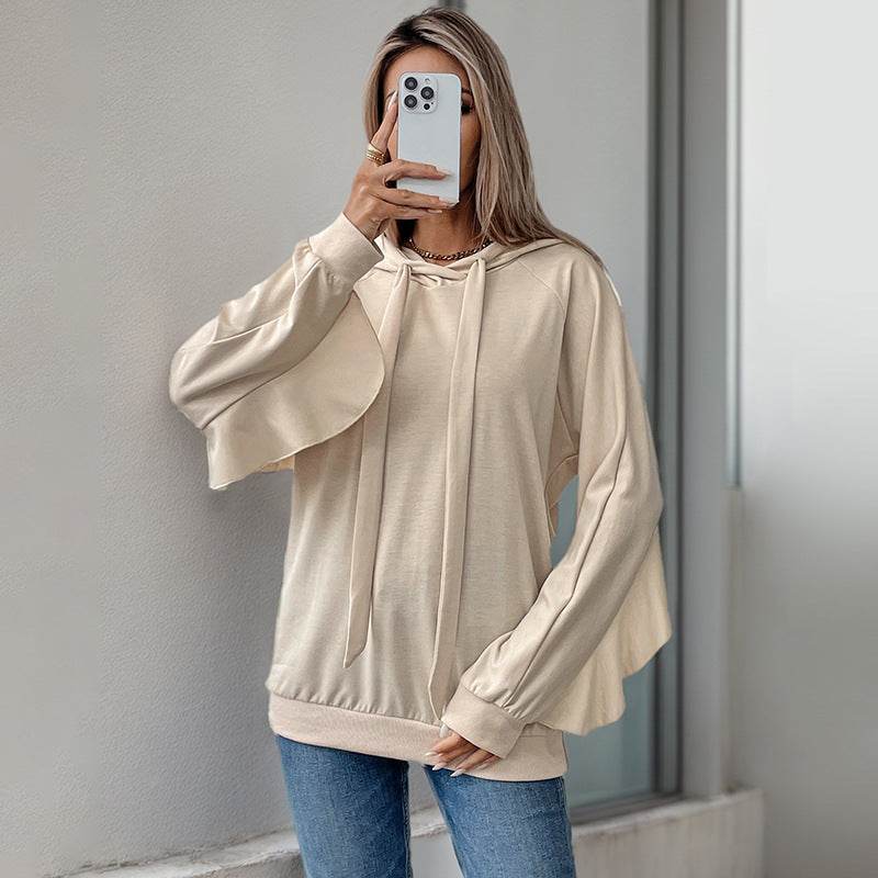 Apricot Drawstring Ruffled Hoodie - Thin Women’s Sweater, Loose Fit - Buy Center US