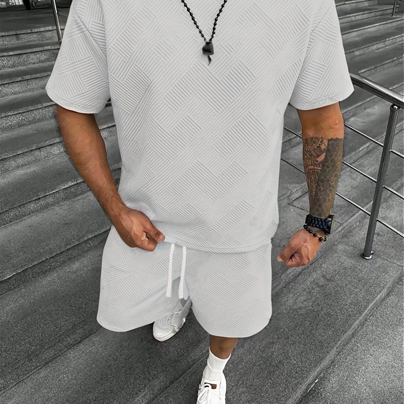 Men's Summer Houndstooth Knitted T-Shirt & Shorts Set - Casual Sports Outfit - Buy Center US