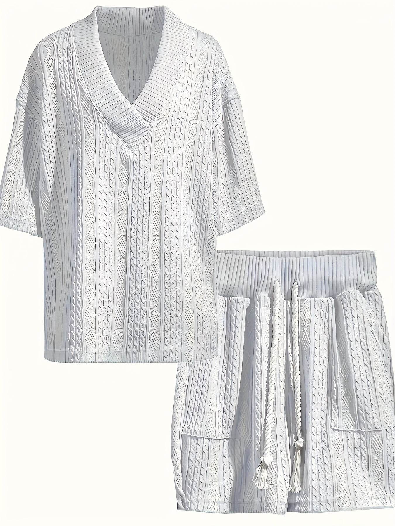 Men's V-Neck Casual Summer Suit - Breathable Mid Sleeve Top & Shorts - Buy Center US