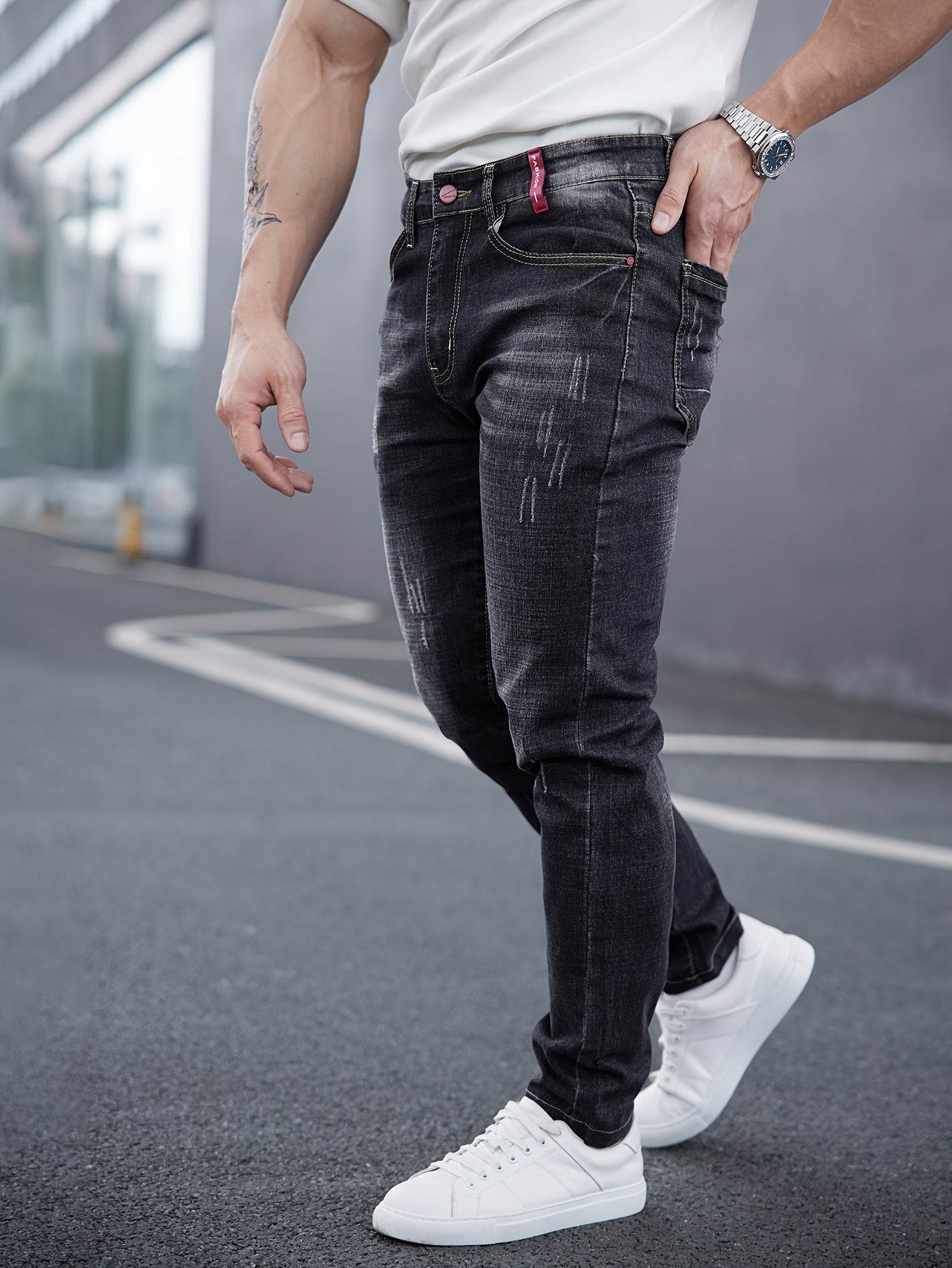 Men's Slim-Fit Washed Jeans - Stretch Denim for All Seasons, Casual Style - Buy Center US