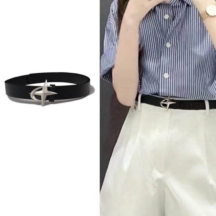 Cross Star Buckle Women's Belt - Dark Night Black PU Leather Style - Buy Center US