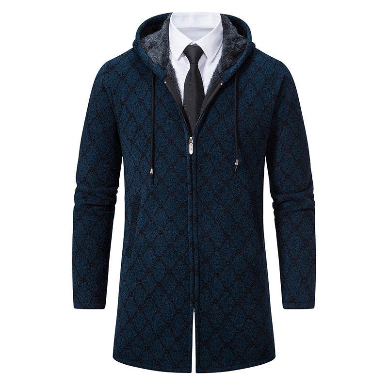 Buycenter Men's Casual Hooded Coat - Mid-Length Plaid Sweater Jacket - Buy Center US