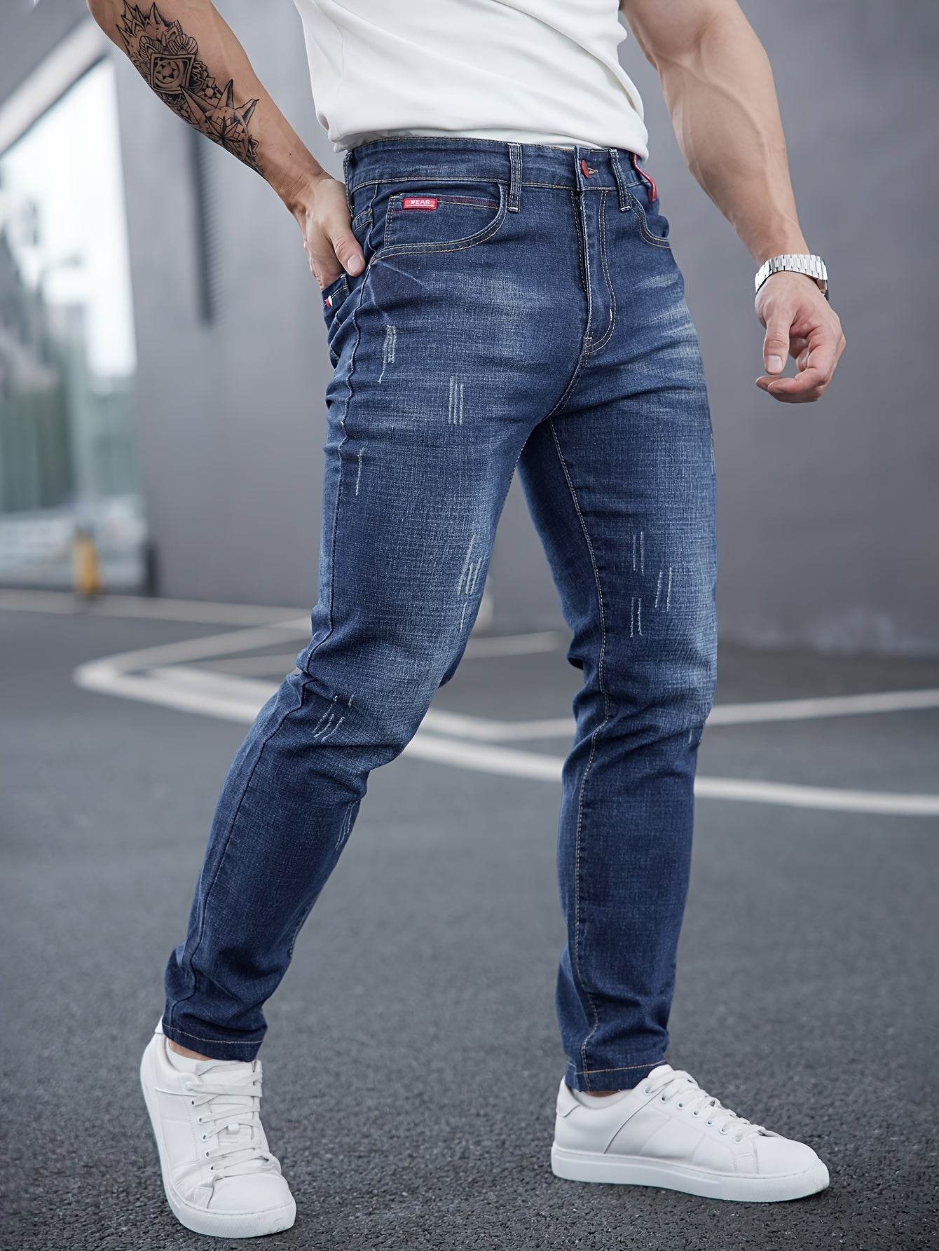 Men's Slim-Fit Washed Jeans - Stretch Denim for All Seasons, Casual Style - Buy Center US