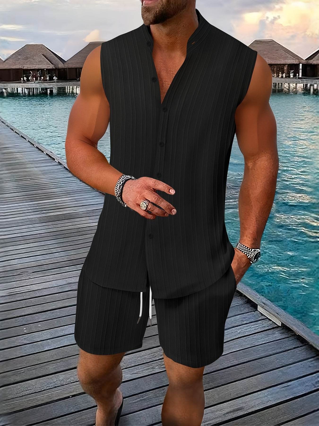 Summer Men's Casual Henley Neck Tank Top & Shorts Beach Set - Buy Center US