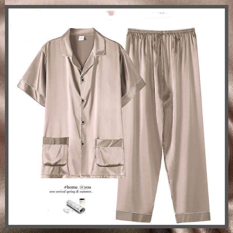 Buycenter Men's Summer Short Sleeve Trousers Suit - Thin Ice Silk Homewear - Buy Center US