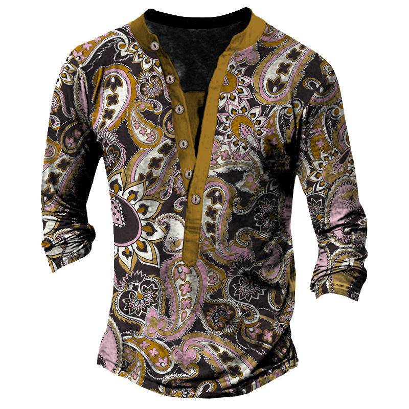 Printed Retro Fashion Casual Henry Neck T-shirt - Long Sleeves, Comfortable Fit - Buy Center US