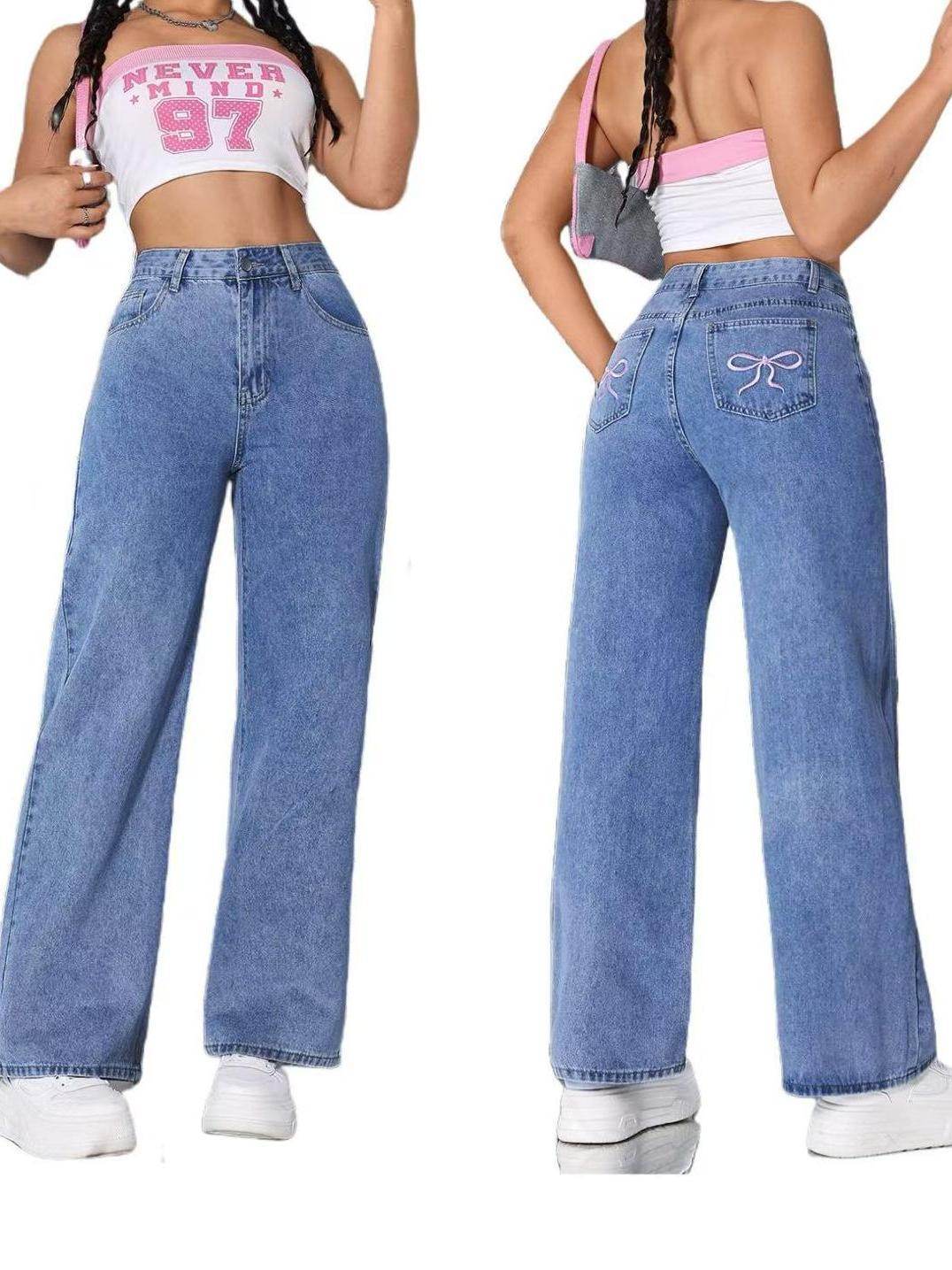 Vintage Bow Embroidered Jeans for Women - Washed Straight Loose Trousers - Buy Center US