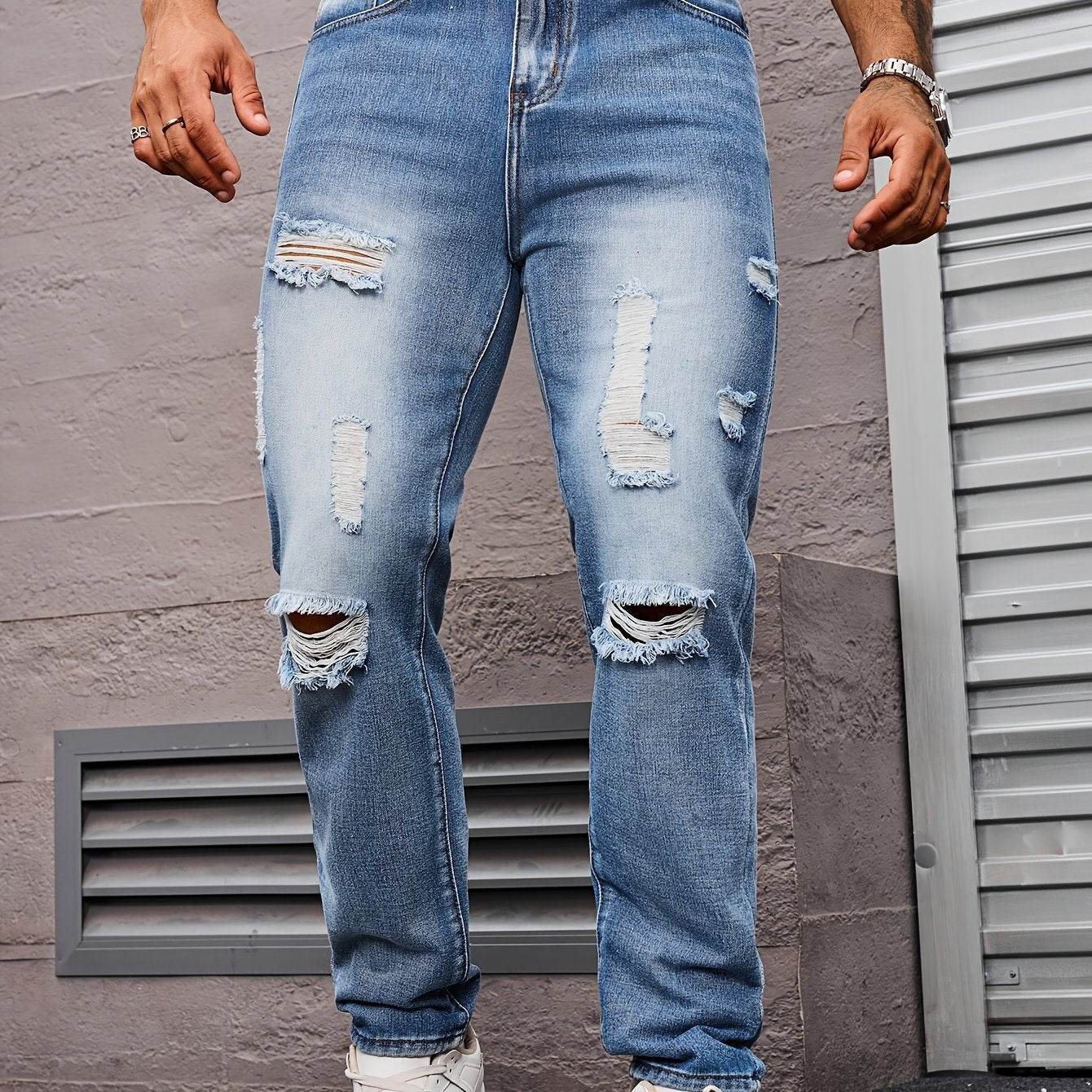 Men's Light Blue Ripped Jeans - Casual Straight Leg Distressed Denim - Buy Center US