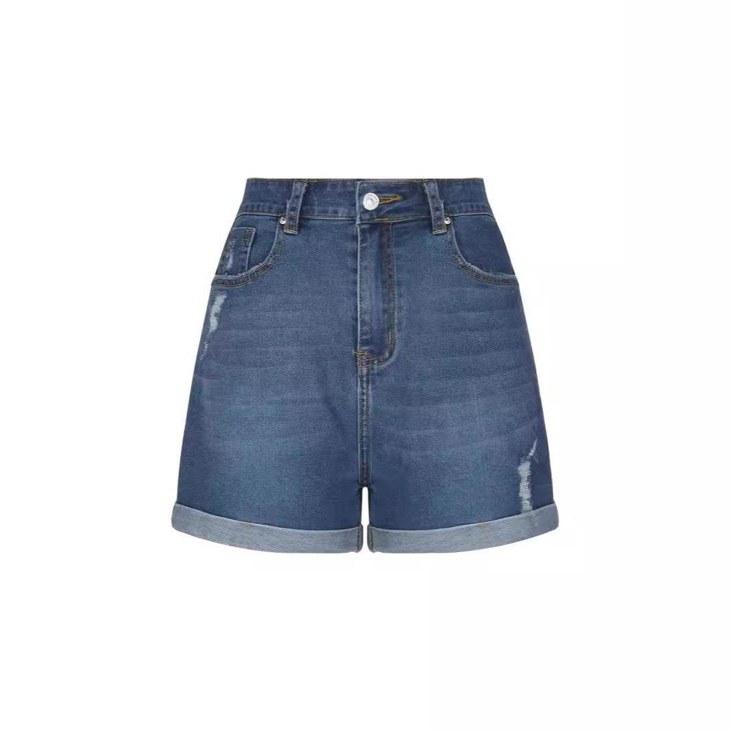 High Waist Straight Slim-fit Denim Shorts - Dark Blue, Medium Elastic - Buy Center US