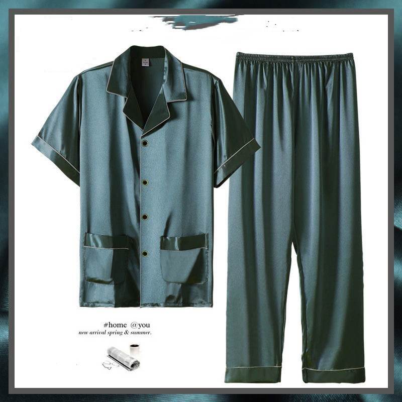 Buycenter Men's Summer Short Sleeve Trousers Suit - Thin Ice Silk Homewear - Buy Center US