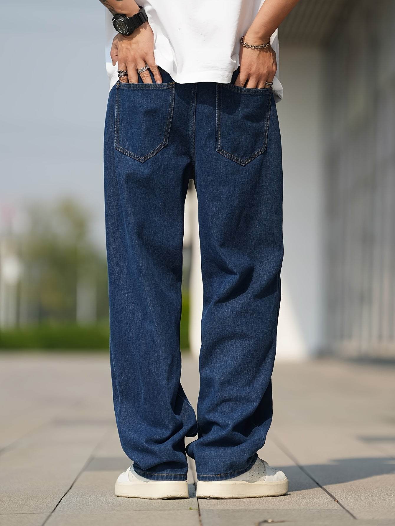 Men's Loose Fit Straight Leg Jeans - Washed Blue, All-Season Comfort - Buy Center US