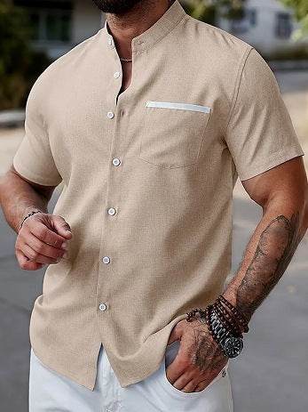 Men's Linen Contrast Color Short Sleeve Shirt - Casual Fit, Multiple Colors - Buy Center US