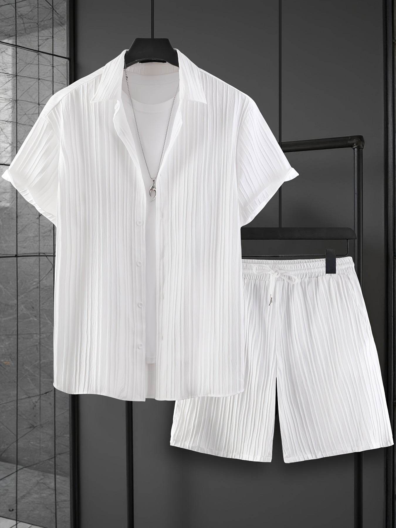 Stylish Summer White French Striped Suit for Men - Short Sleeve & Pants - Buy Center US