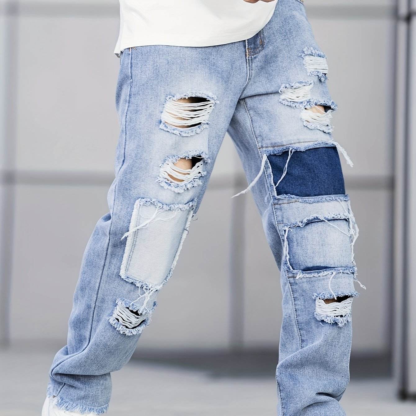 Durable Men's Casual Ripped Jeans - Loose Fit, All-Season Denim Wear - Buy Center US