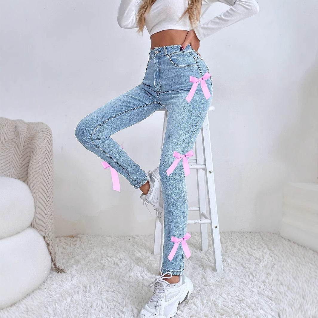 Women's Bow Stretch Jeans - Mid Waist Denim Leggings in Blue - Buy Center US