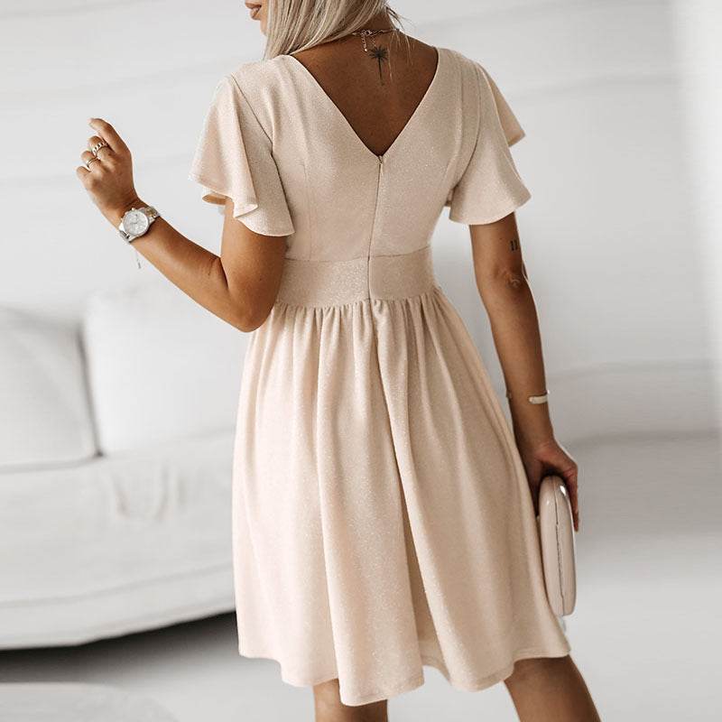 Sexy Deep V-neck Midi Dress for Women - Khaki A-line, Petal Sleeve - Buy Center US