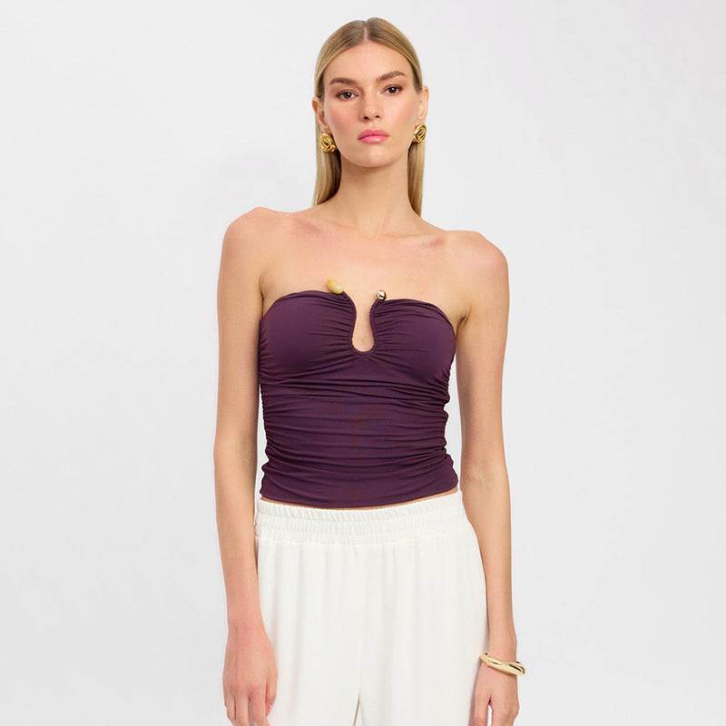 Solid Color Backless Pleated T-shirt - Slim Fit Sleeveless Top - Buy Center US