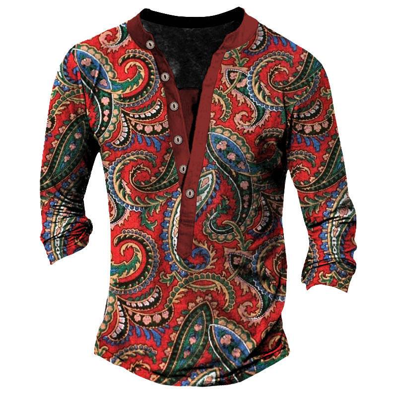 Printed Retro Fashion Casual Henry Neck T-shirt - Long Sleeves, Comfortable Fit - Buy Center US